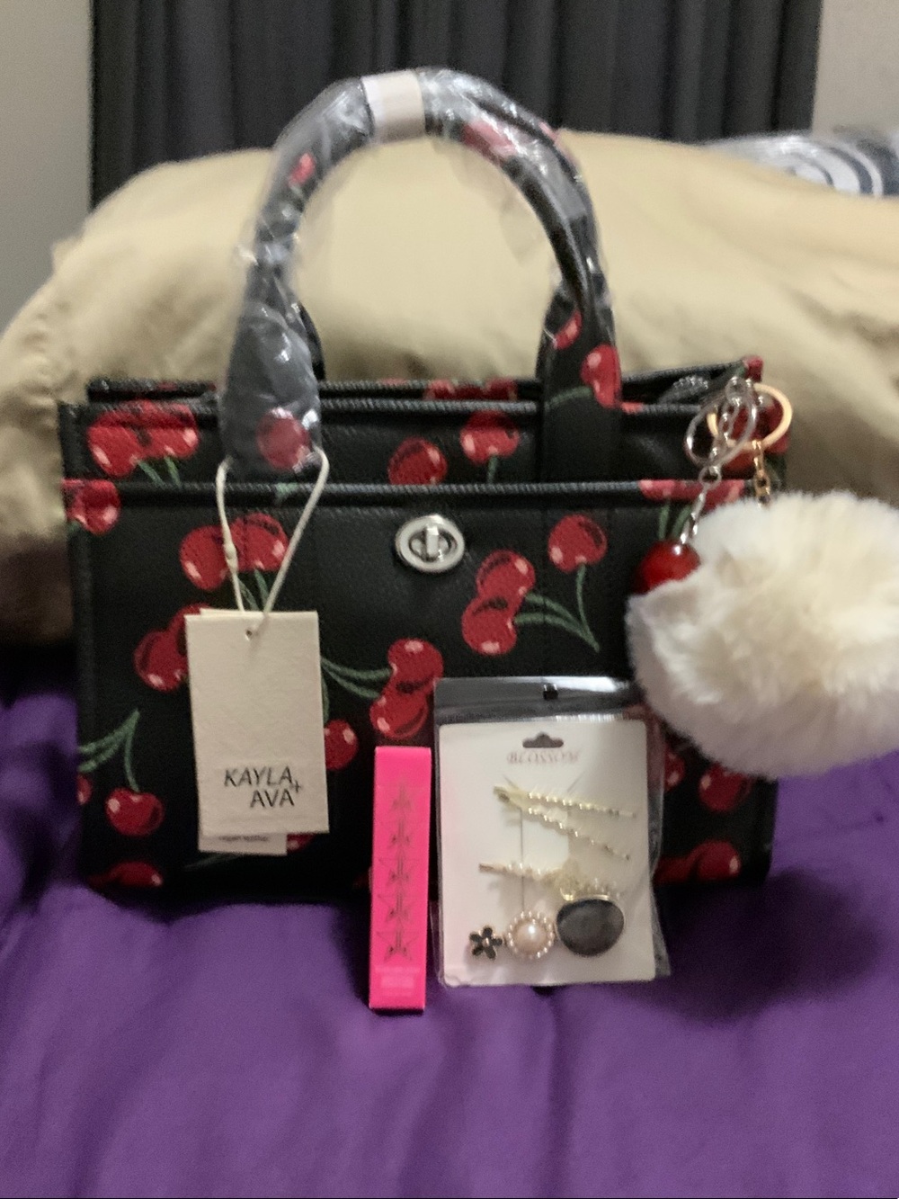 Black Cherry Print Top-Handle Satchel